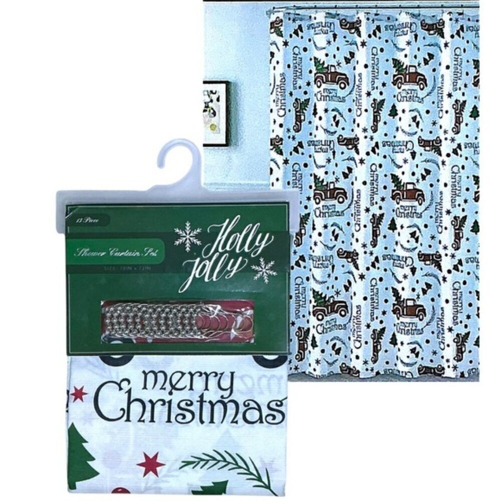 Holiday Shower Fabric Curtain Set Christmas Trucks 13 PC Set 70 x 72 White Red